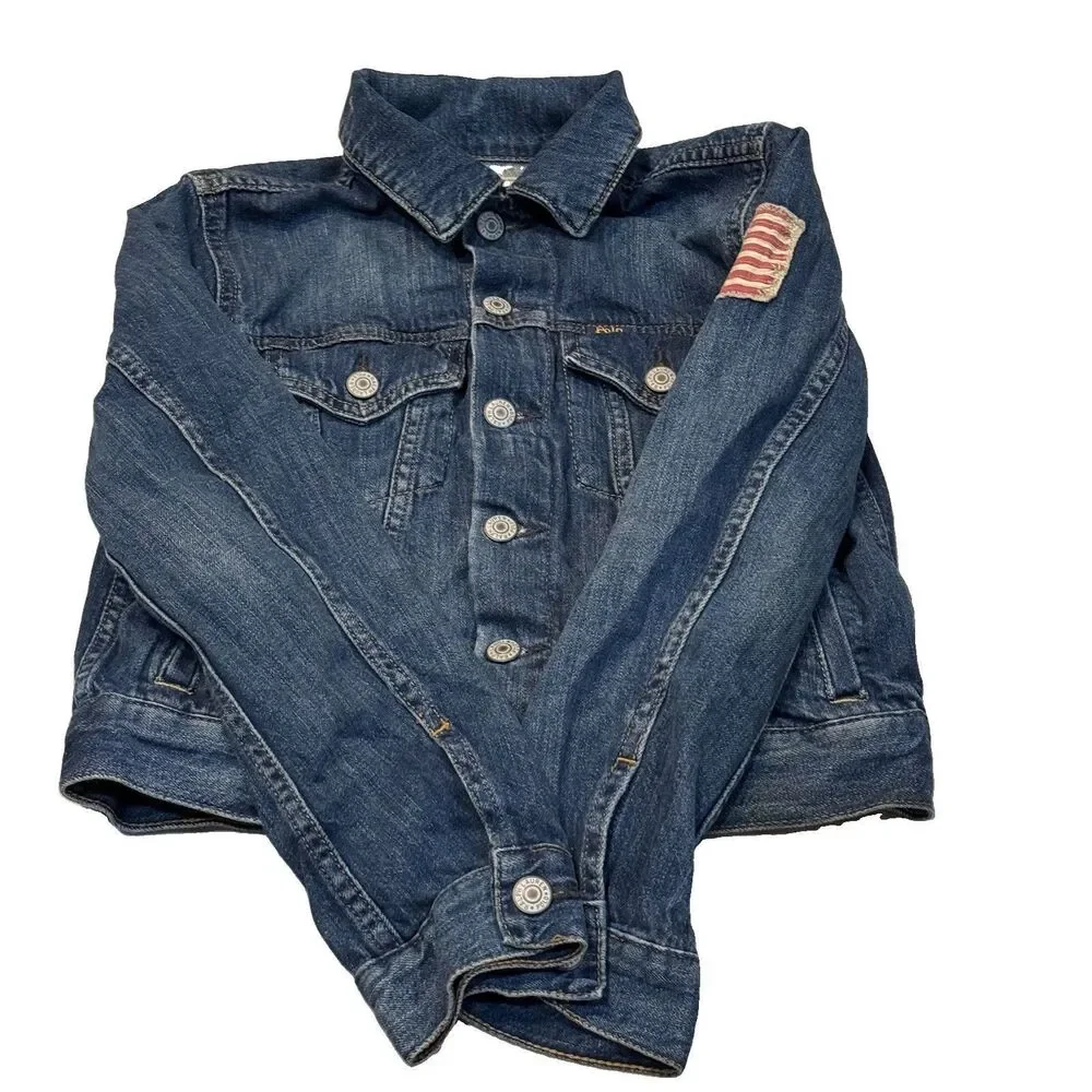 Ralph Lauren Jean Jacket M American Flag Girls Size 10-12 Medium Denim Dark Wash